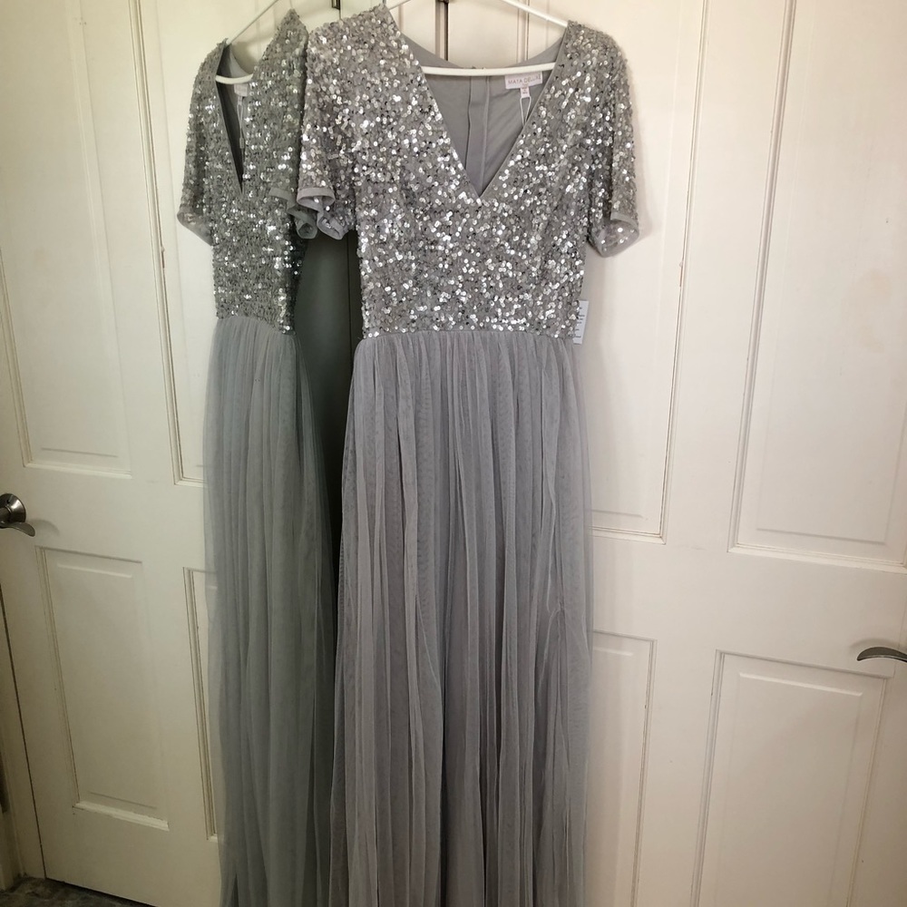 Maya Tall Bridesmaid V-neck Maxi Tulle Dress with Sequins in Silver
